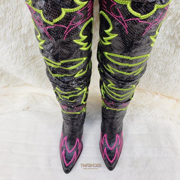 Thigh High Western cowboy slouch boots black neon - Picture 6 of 16